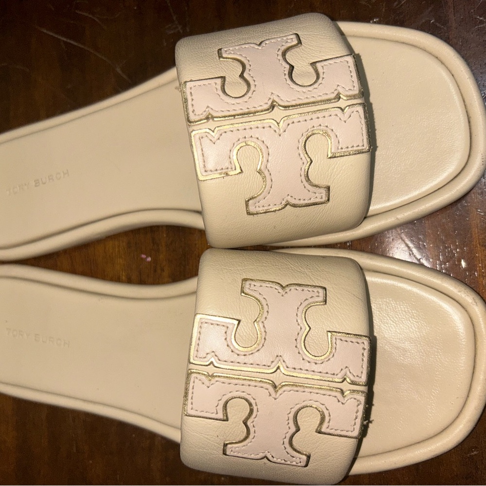 Tory Burch Double T Sport Slides | Beige Leather | Women’s Size 8.5